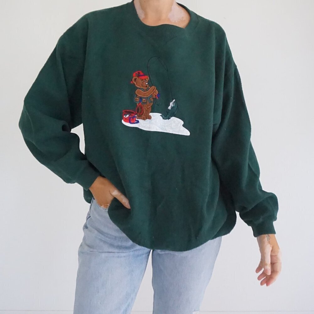 Vintage Pacer Forest Green Embroidered Bear Fishing Cotton Fleece Cabincore L